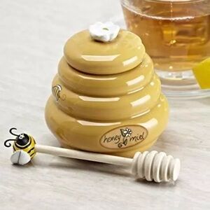Honey Jar Joie Mini Honey  Ceramic Jar And Wood Dipper  Beehive With Bee